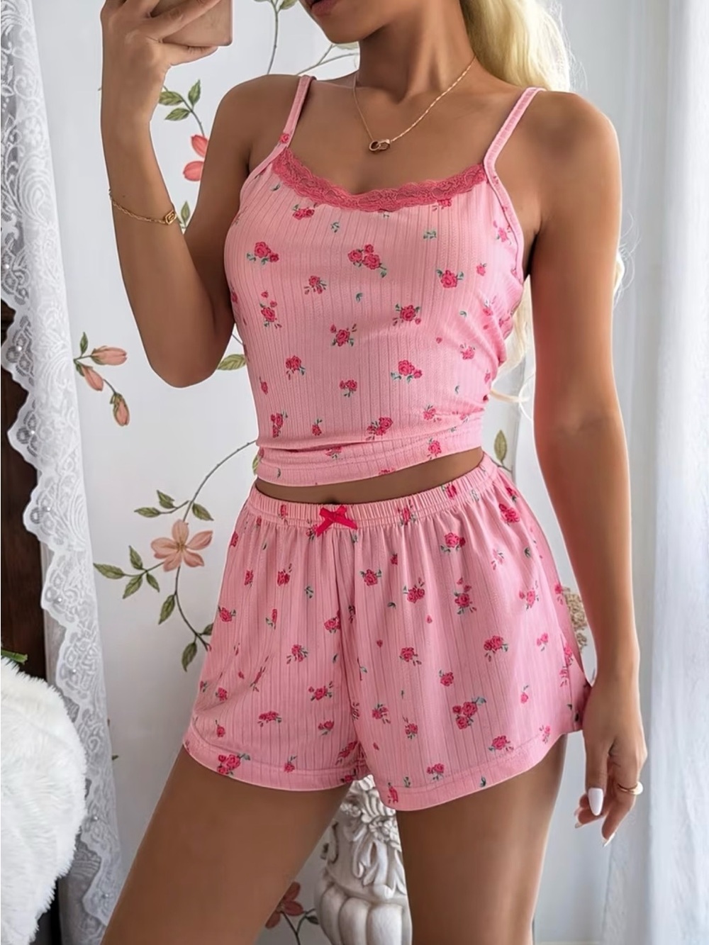 Pink Floral Lace-Trim Cami & Short Sleep Set - Picture 2 of 6